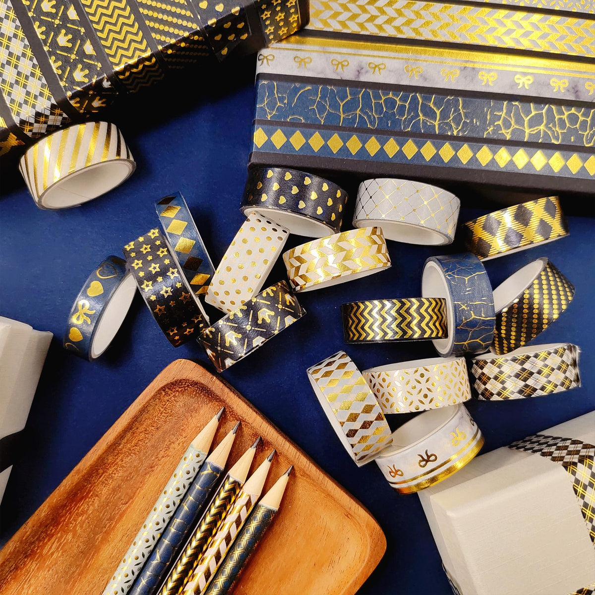 YUBBAEX 18 Rolls Black Gold Washi Tape Set Basic Patterns Foil Print Decorative Tapes for Arts, DIY