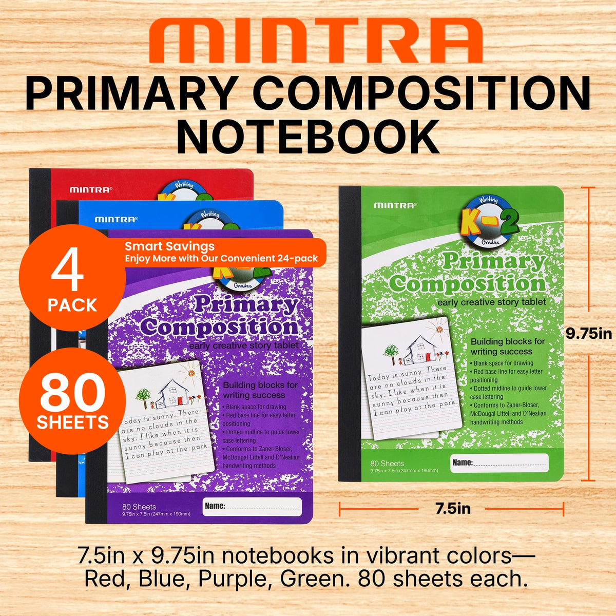Mintra Primary Composition Notebook, 4 Pack, Assorted Colors 80 Sheets, 7.5in x 9.75in, 1/2 Sheet