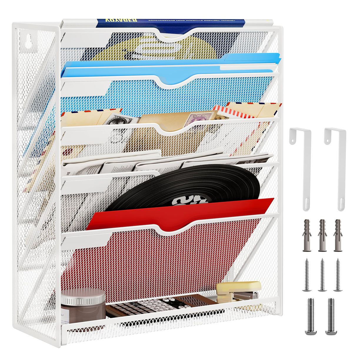 Lavatino 6-Tier Hanging File Organizer with Hooks – No Installation Needed, Wall-Mounted File &