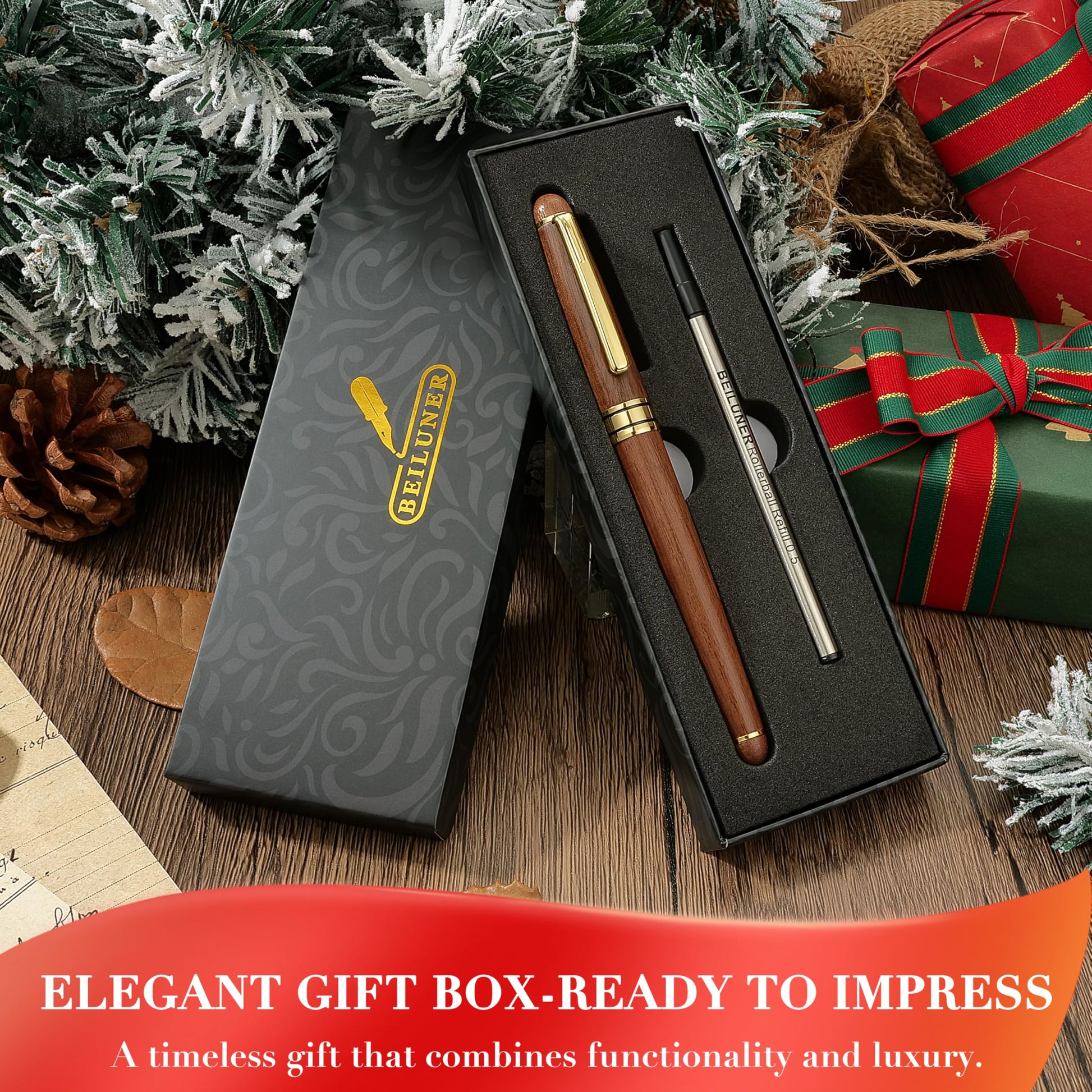 BEILUNER Personalized Wood Rollerball Pen Set,Walnut with Gold Finish