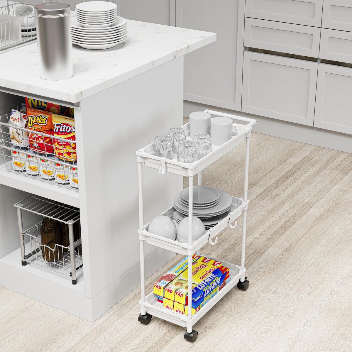 SimpleHouseware Standard 3-Tier Slim Rolling Storage Cart, White