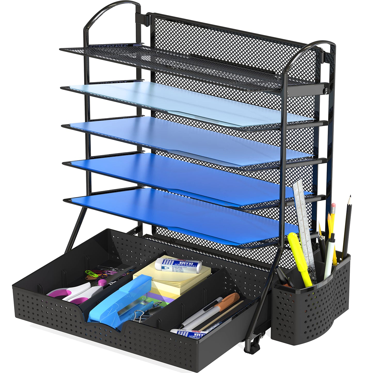 Simple Houseware 6-Tier Desk File Organizer w/Drawer & Pen Holder, Black