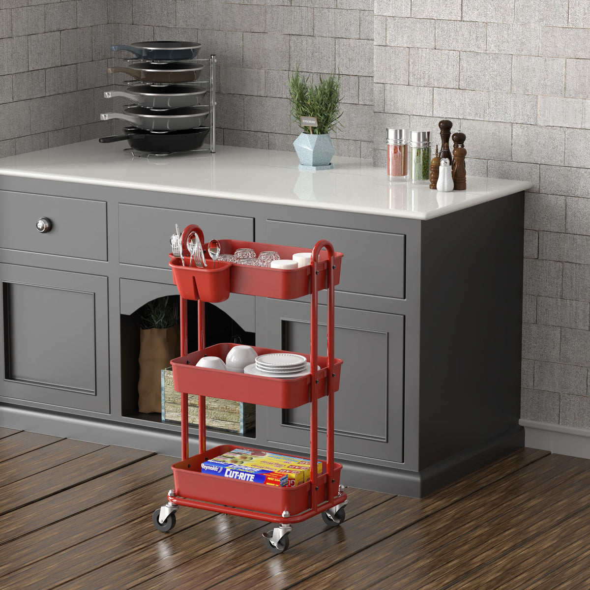 Simple Houseware 3-Tier Rolling Utility Cart with Hanging Bucket, Red