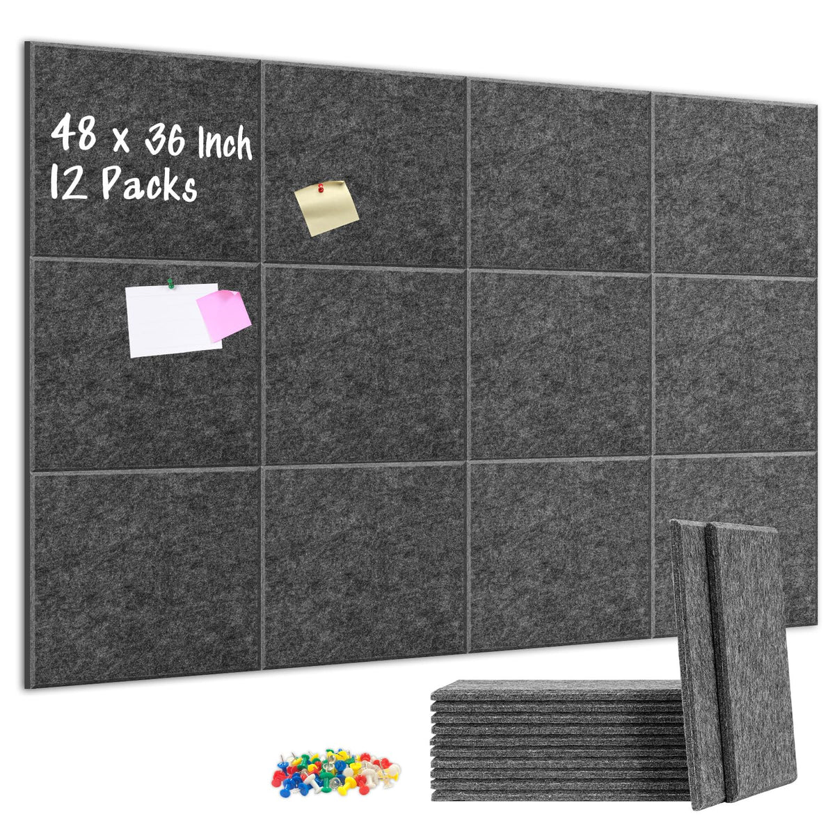 DOLLAR BOSS Felt Cork Board Tiles 48"x36" Bulletin Board, 12 Pcs Dark Grey