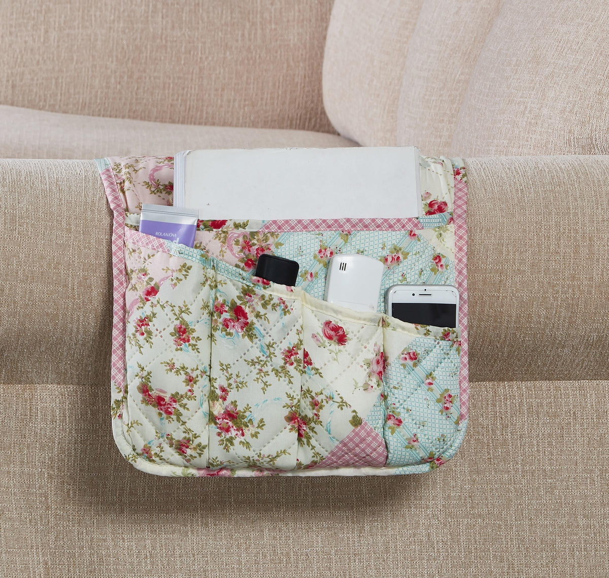 Brilliant Sunshine Pink & Green Roses Couch Armrest Cover, 35"×13"