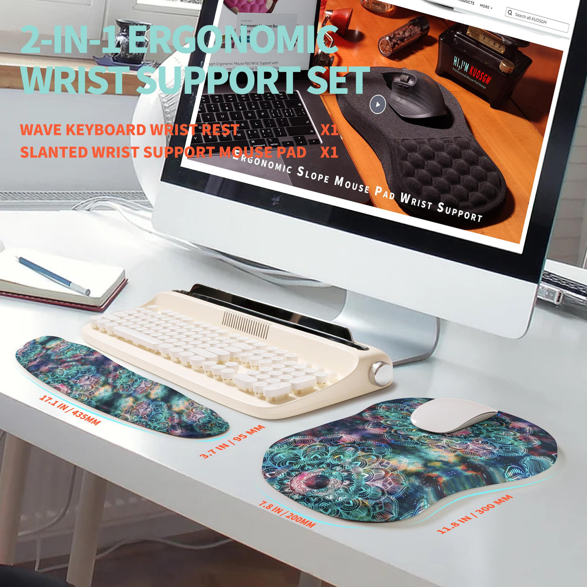 KUOSGM 2-in-1 Ergonomic Set, Wave Rise Keyboard Wrist Rest and Massage Bulge Slope Mouse Pad Wrist