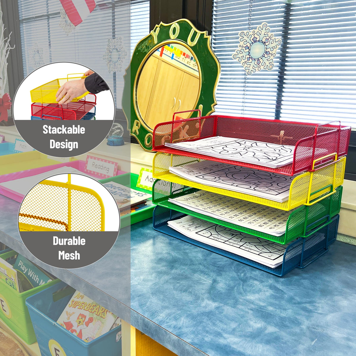 Mind Reader Stackable Paper Tray, Classroom Organizer, File Storage, Teachers, Metal Mesh, 4 Pcs.