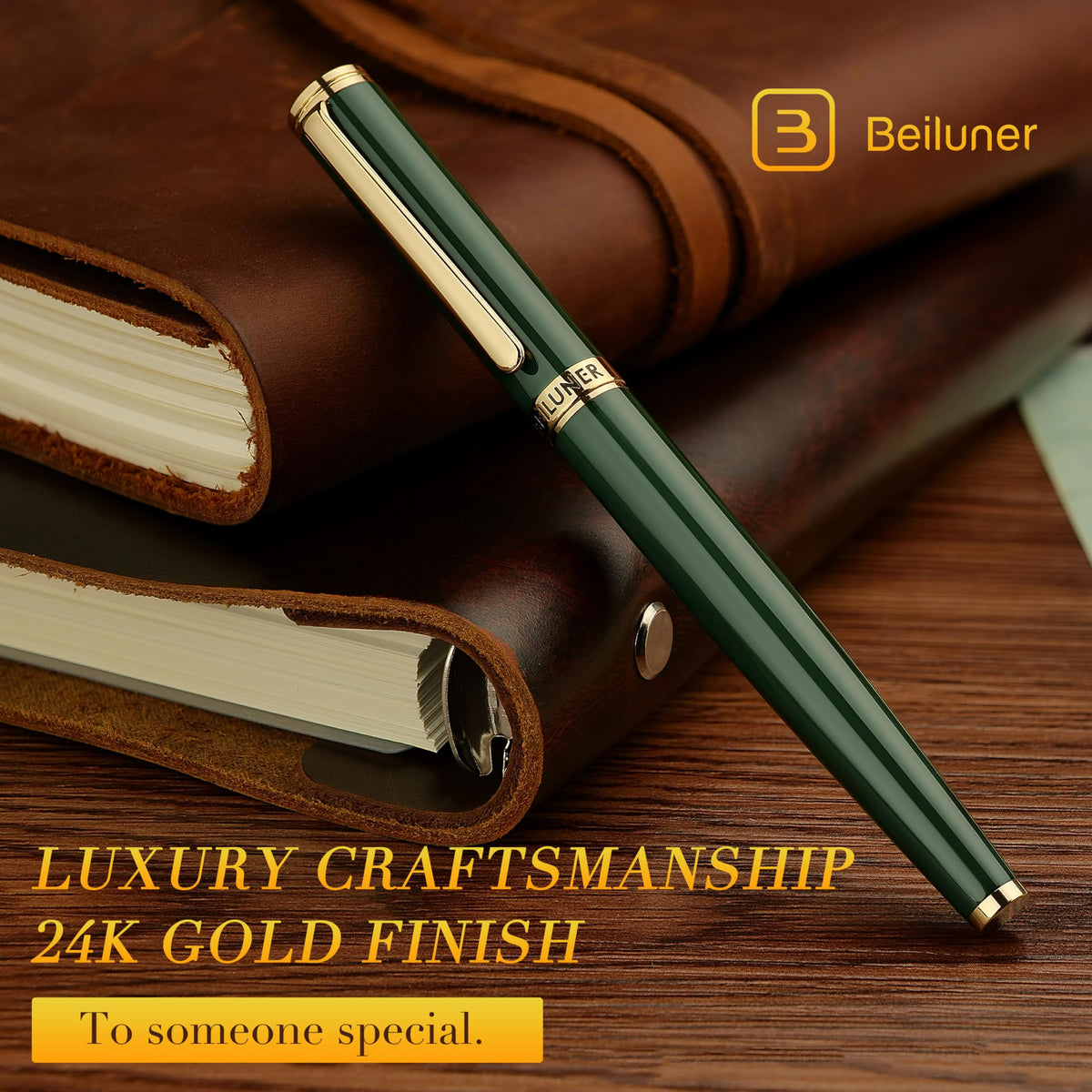 BEILUNER Racing Green Fountain Pen,Stunning Luxury Pens with 24K Gold Finish, Gorgeous 24K Gilded