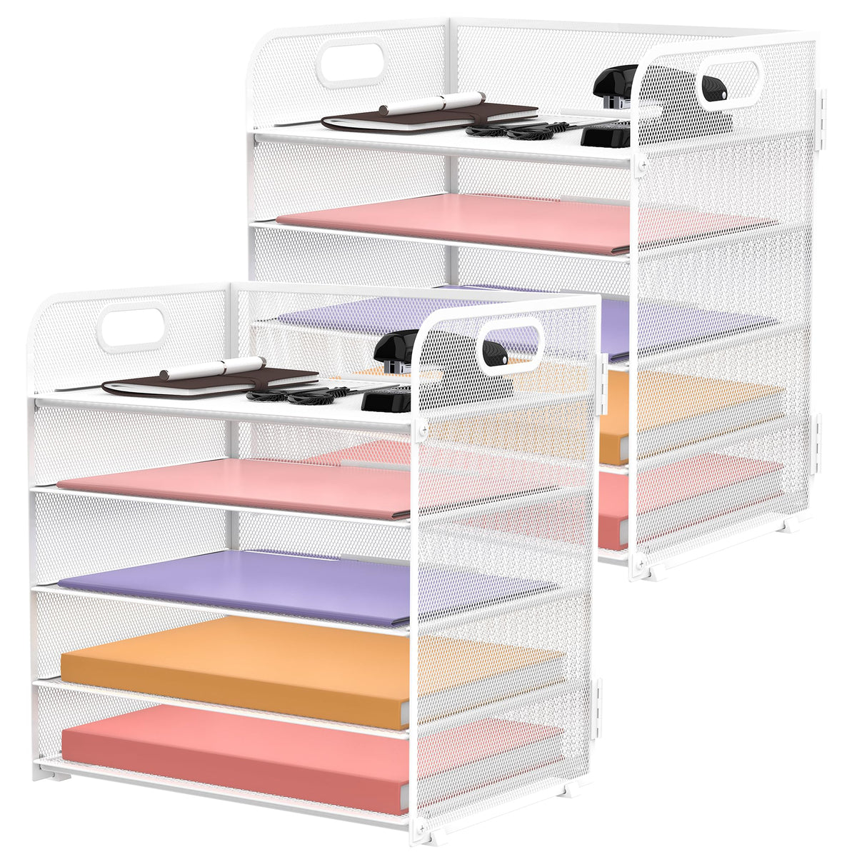 2 Pack 5-Tier White Desk Organizer with Handle Mesh Desk File/Paper Organizer Letter Tray for