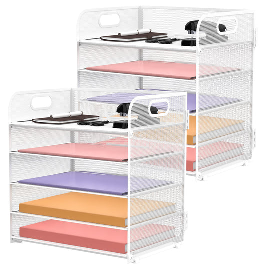 2 Pack 5-Tier White Desk Organizer with Handle Mesh Desk File/Paper Organizer Letter Tray for