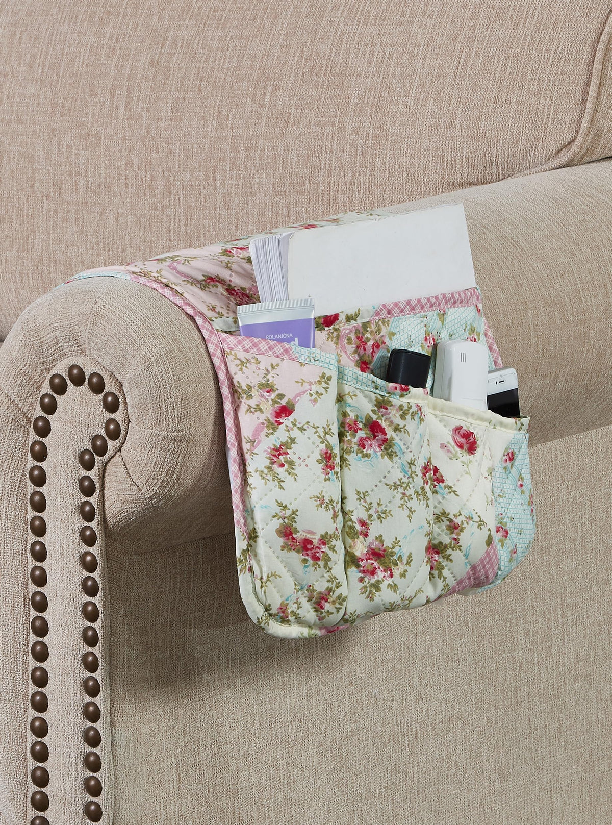 Brilliant Sunshine Pink & Green Roses Couch Armrest Cover, 35"×13"