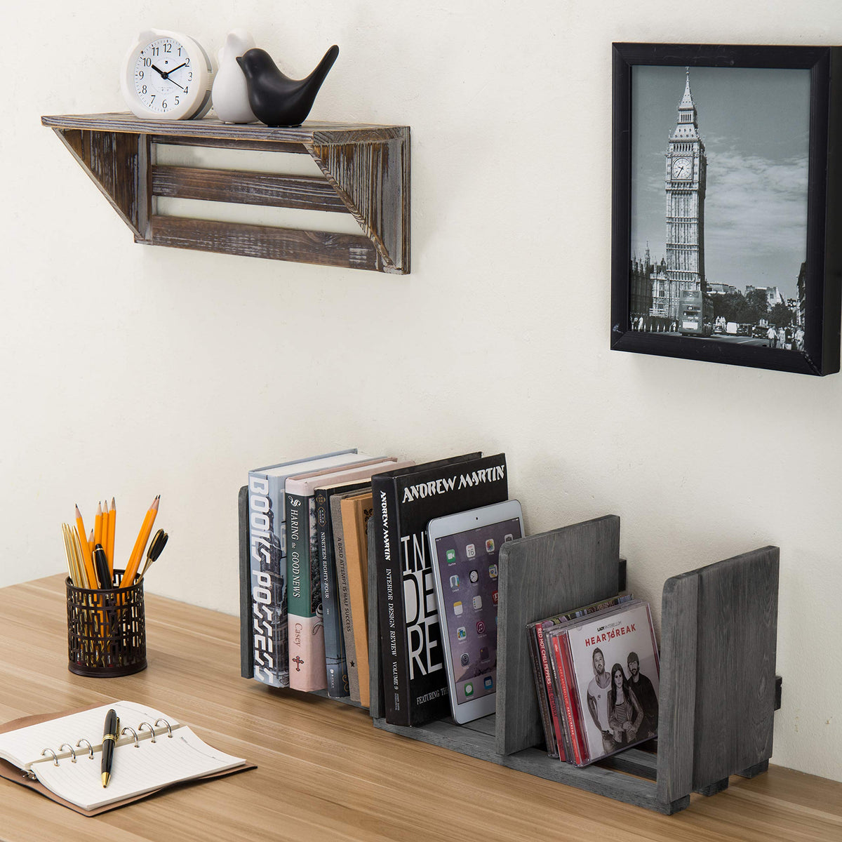 MyGift Gray Barnwood Desktop Bookshelf, Adjustable Expandable Book Rack