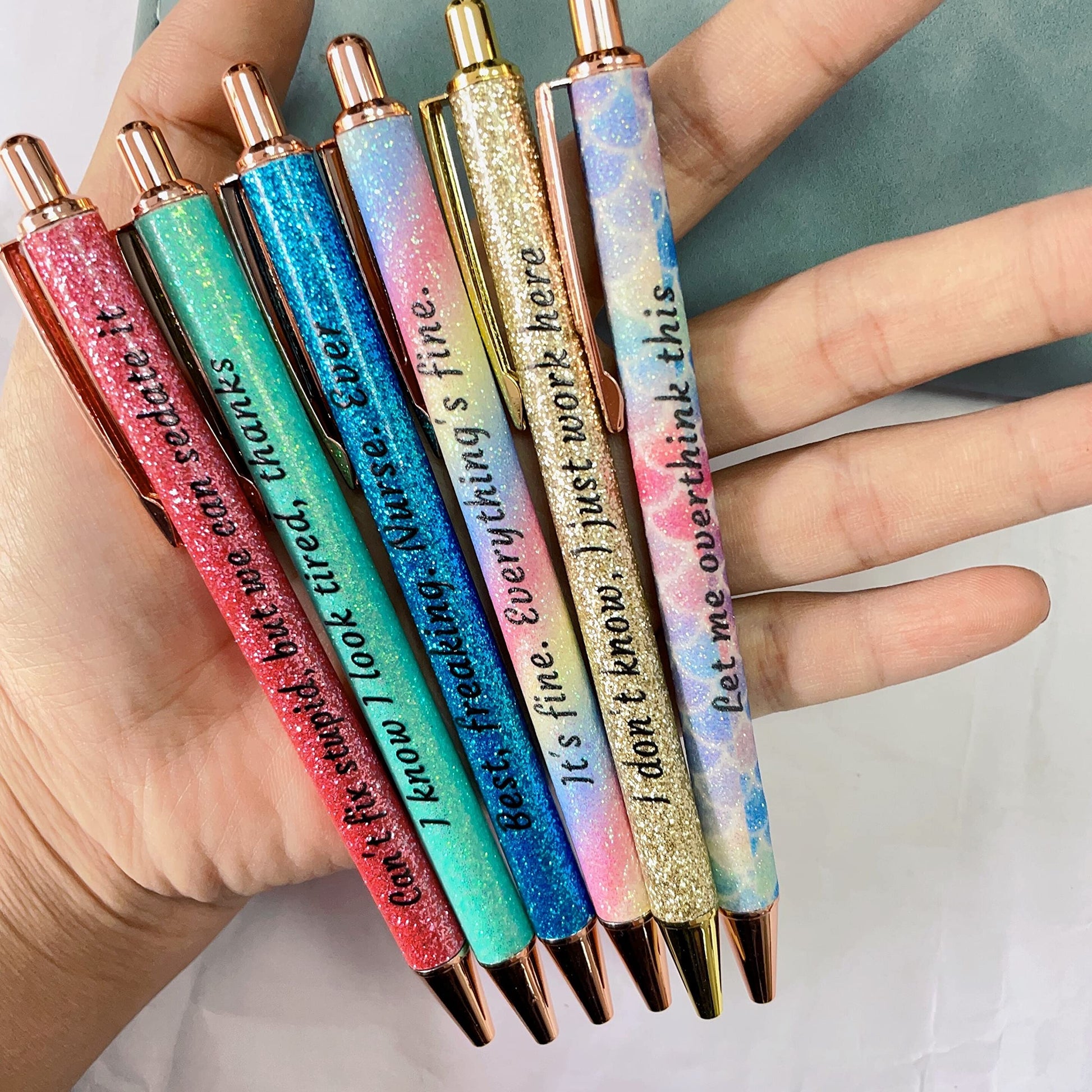 Jxueych 7 Piece Shiny Metal Ballpoint Pens Set - Funny Sarcastic Quotes for Nurses, Office & Gifts