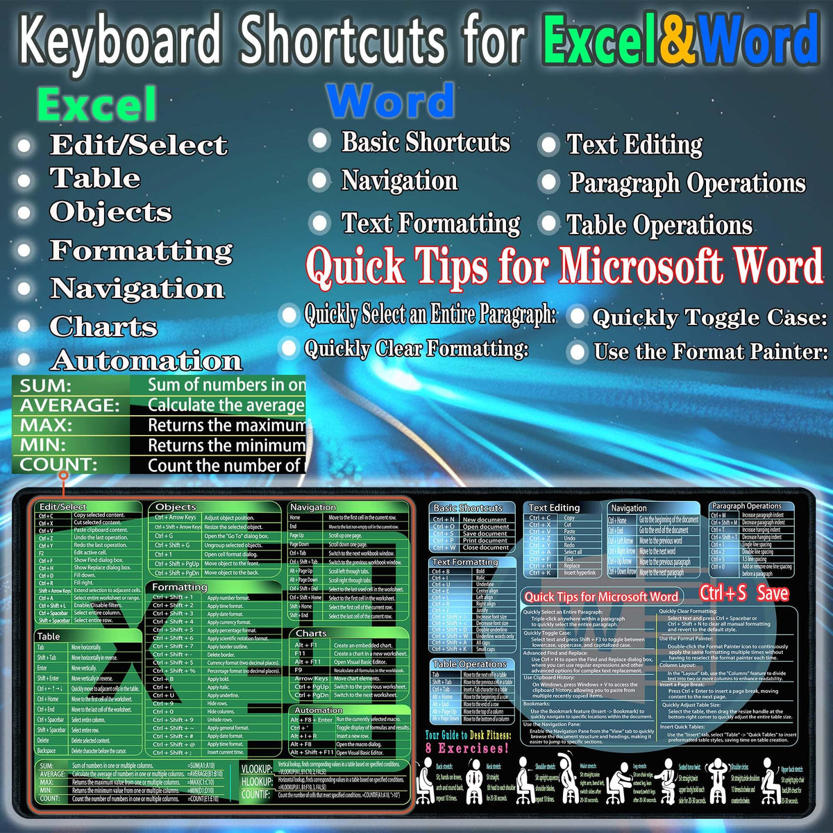 secret corner excel&Word Cheat Sheet Mousepad,XXL 35.4"x15.7" Office Desk Accessories mat, Computer
