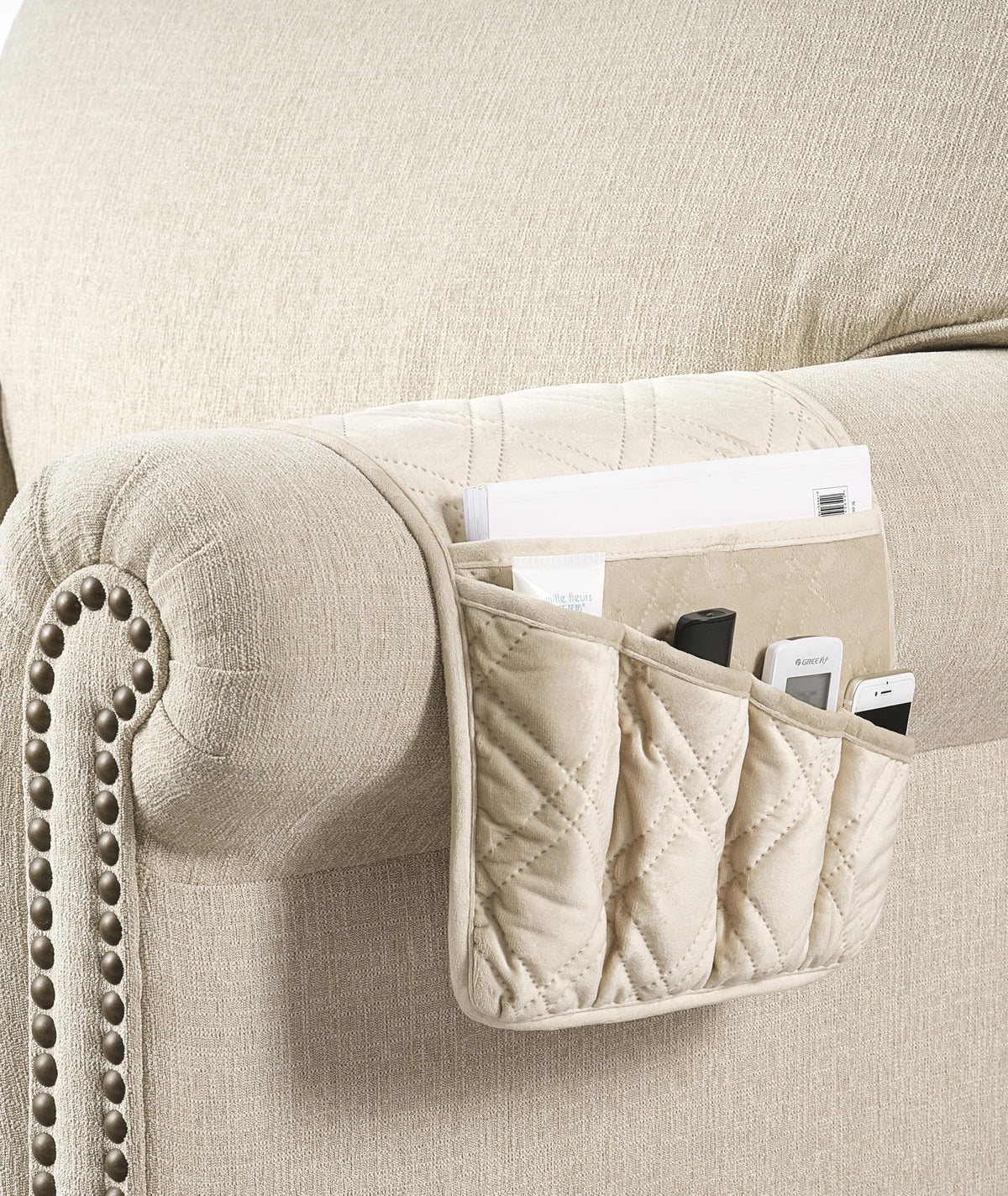 Brilliant Sunshine Beige Velvet Couch Armrest Cover, 35"×13"