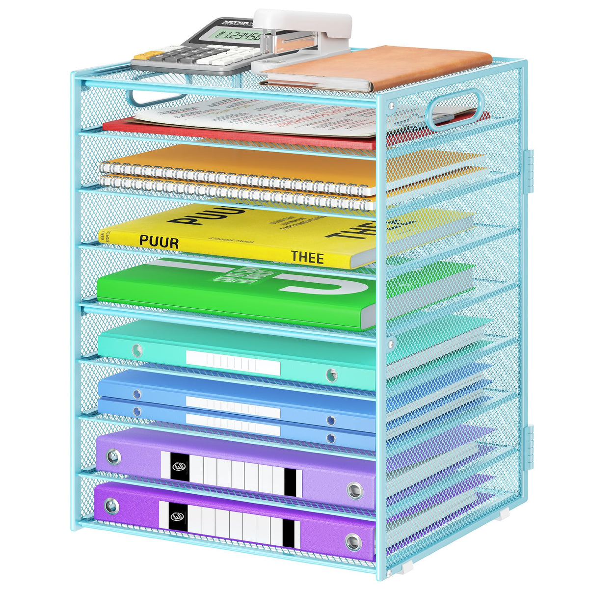 Cawukege 9 Tier Paper Organizer with Handle, Large Capacity Desk Organizer Mesh File Folder Letter