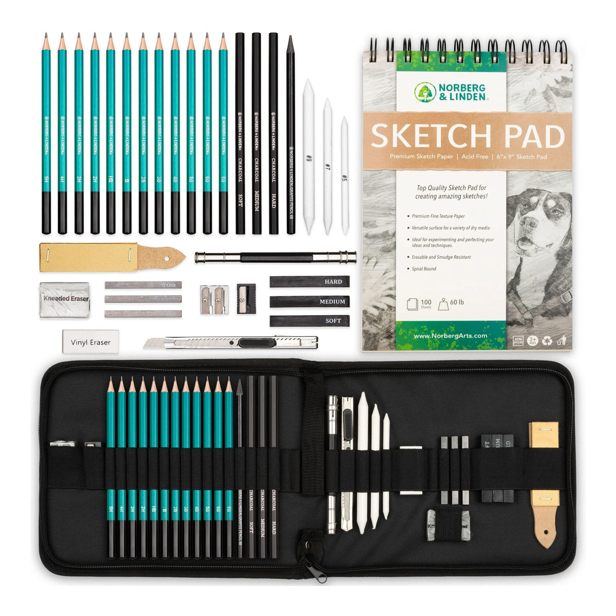 Norberg & Linden XL Drawing Set - Sketching, Graphite and Charcoal Pencils. Includes 100 Page
