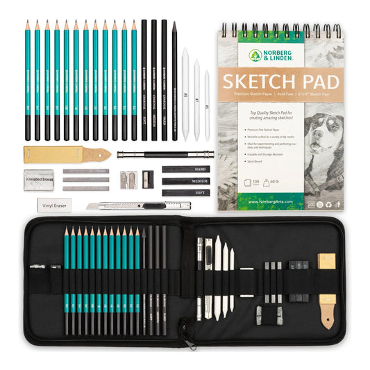 Norberg & Linden XL Drawing Set - Sketching, Graphite and Charcoal Pencils. Includes 100 Page