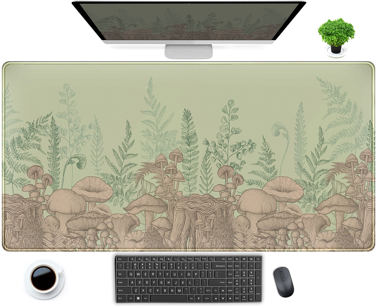 Cute Green Leaves Mouse Pad Desk Mat Beige Forest Mushroom XXL Large Extended Gaming Mousepad Desk