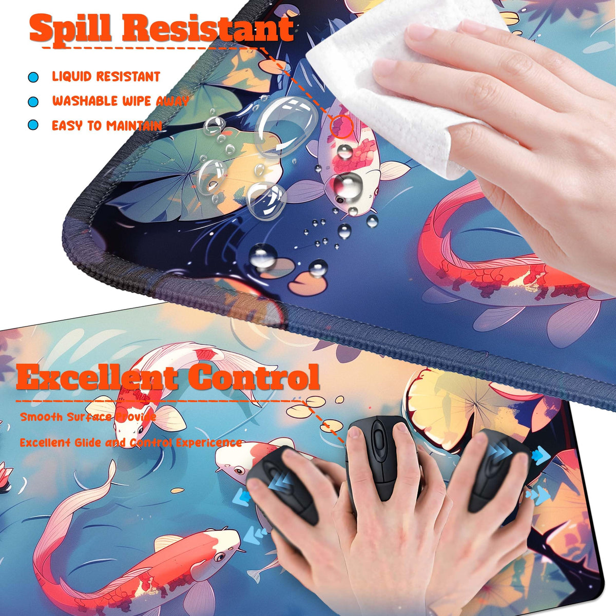 HaoSiTeck 4-Piece Extended Large Mouse Pad Set for Women Men with Colorful Koi Design Includes 35.4
