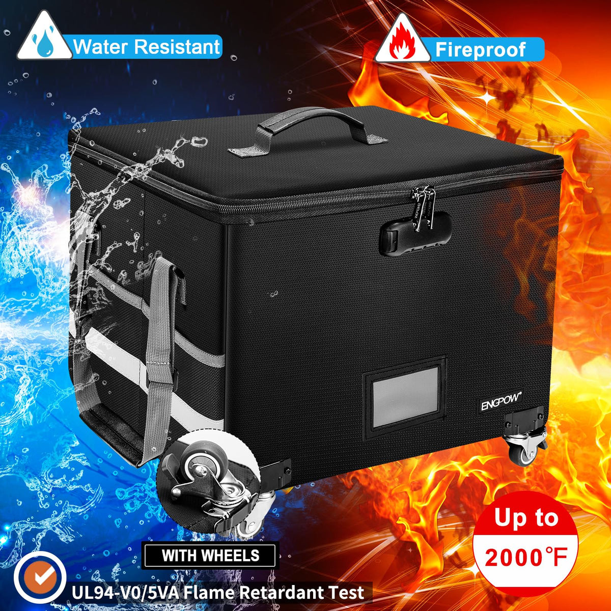 ENGPOW Fireproof Document Box with Wheels, Collapsible File Box with Lock, Rolling File Storage