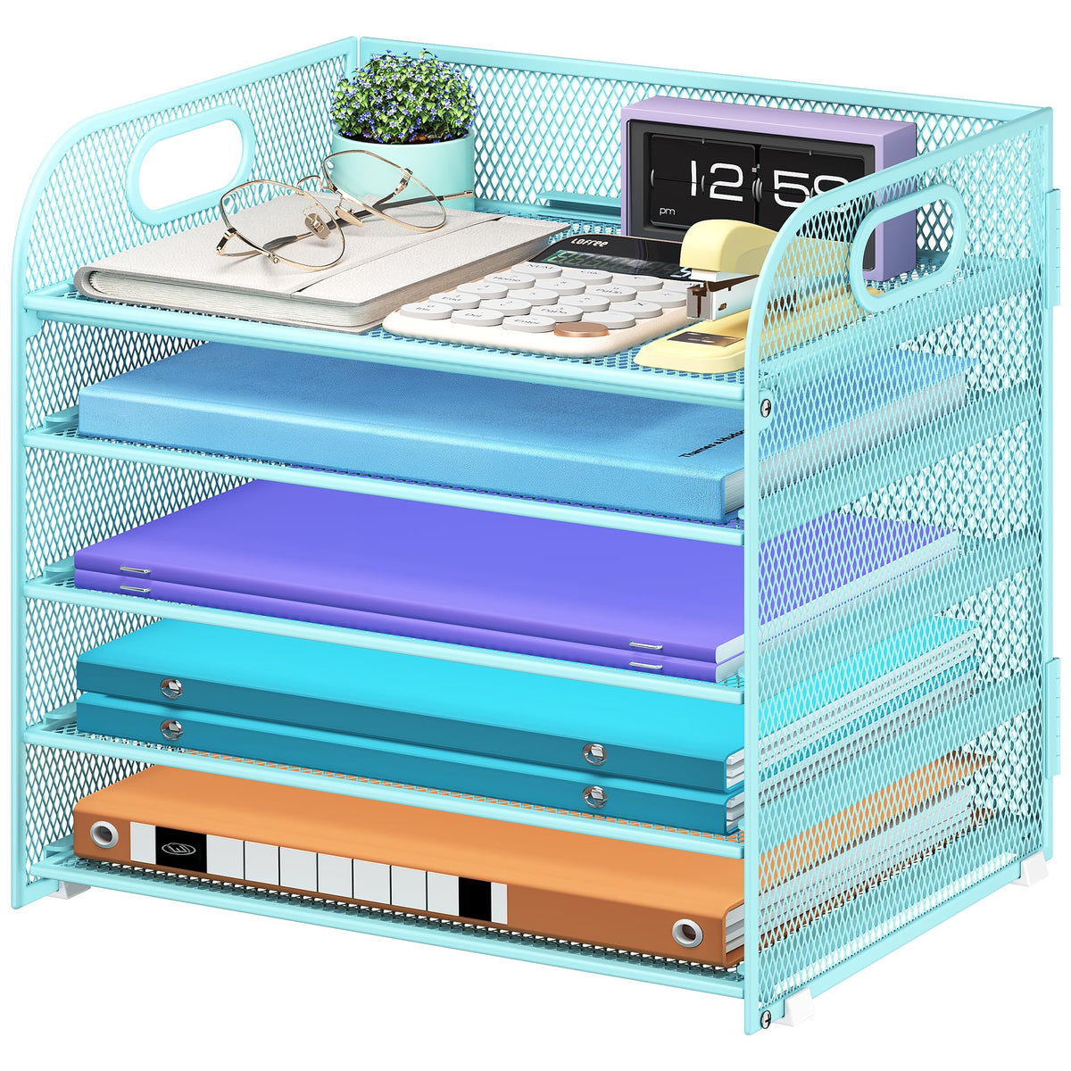 Cawukege 5 Tier Paper Organizer with Handle, Blue Metal Mesh Desk Organizer File Folder Paper
