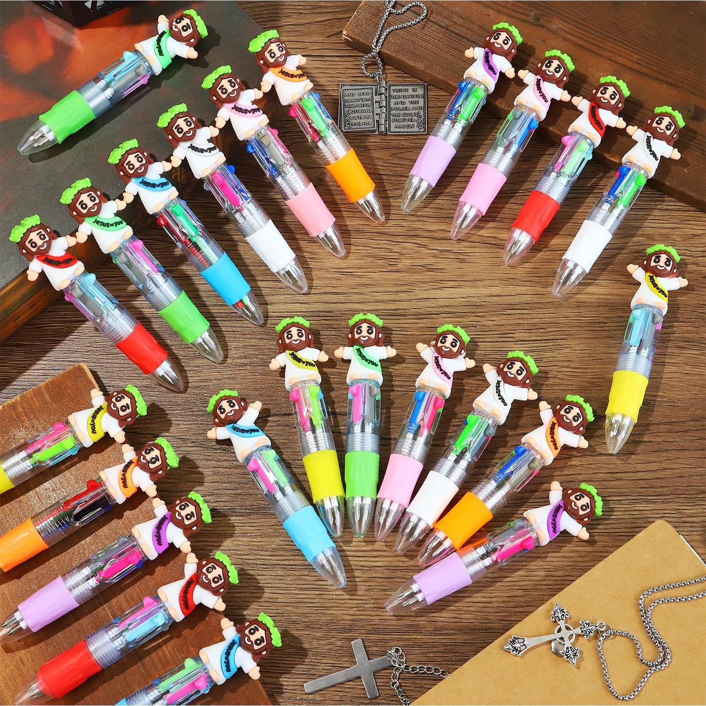 SZCECHRE 48 PCS Christian Jesus Pens 4 Color Multicolor Ballpoint Pens with Cute Jesus Design