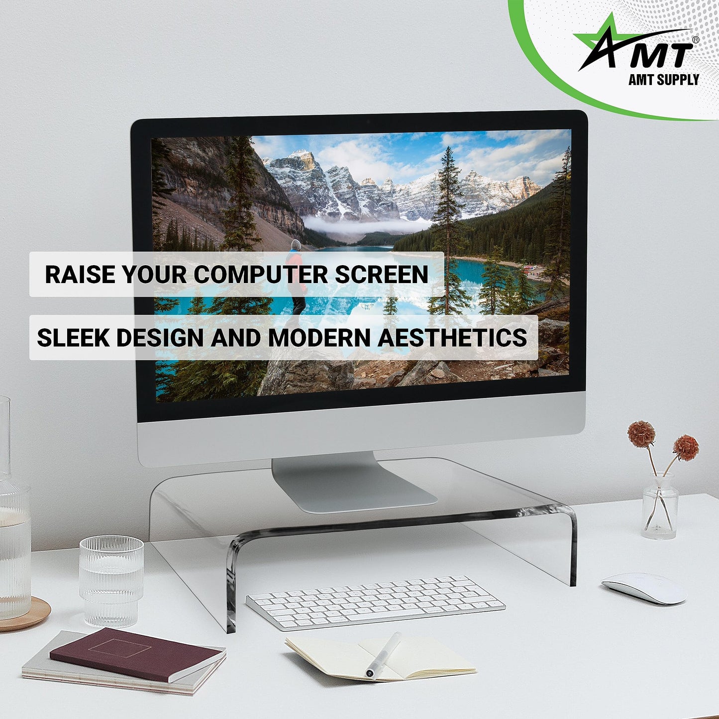 AMT 16 Inch Acrylic Laptop Monitor Stand, Computer Riser with Cat Keyboard Protector, Space-Saving