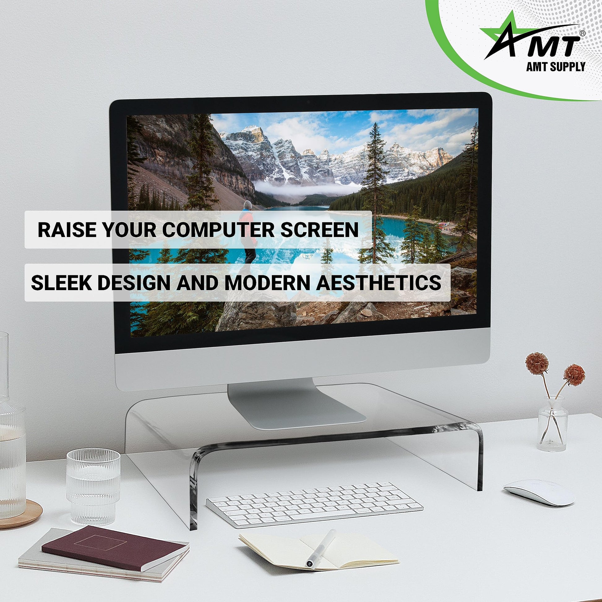 AMT 16 Inch Acrylic Laptop Monitor Stand, Computer Riser with Cat Keyboard Protector, Space-Saving