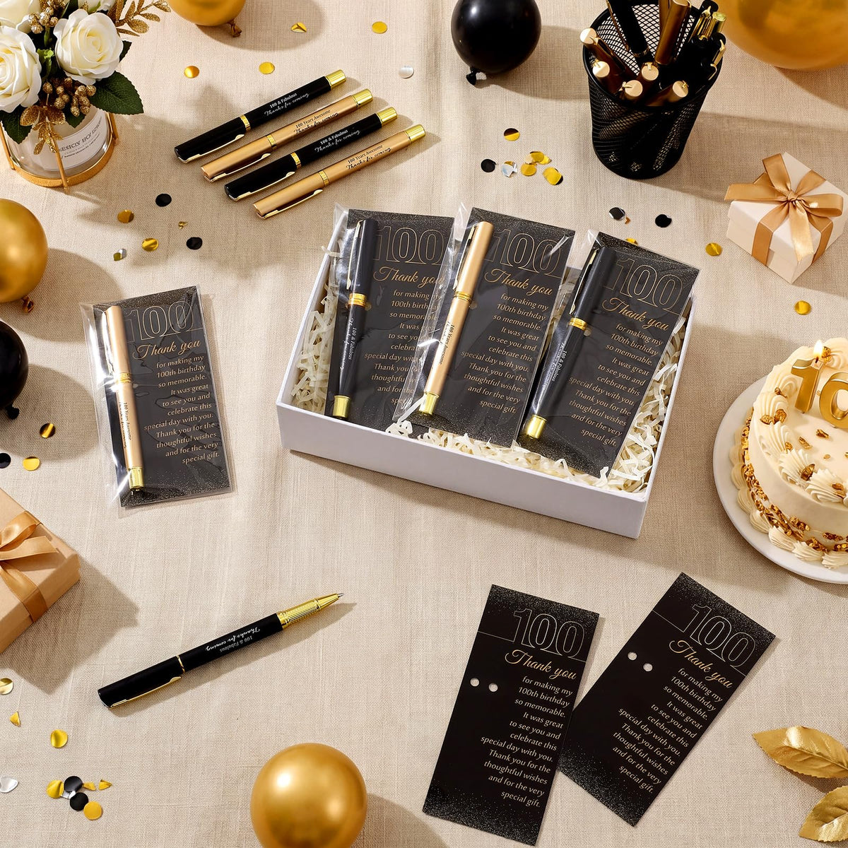 Feifeiya 50 Set 100th Birthday Favors with Black Gold Pens Cards