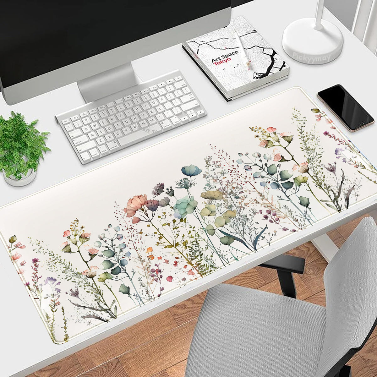 Floral Desk Mat Beige Boho Desk Pad, Large Extend Mouse Pad XXL, Cute Minimalist Flowers Keyboard