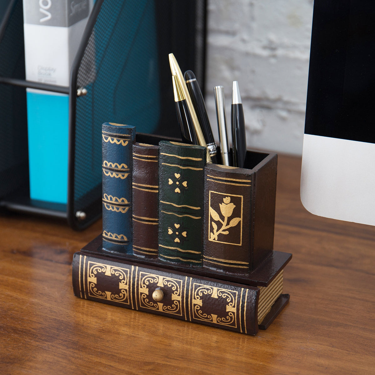 MyGift Decorative Desk Organizer Pen and Pencil Holder with Storage Drawer