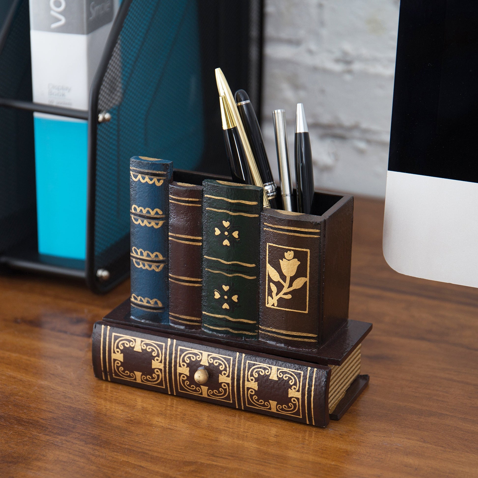 MyGift Decorative Desk Organizer Pen and Pencil Holder with Storage Drawer