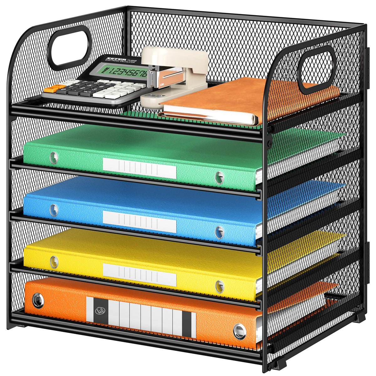 Lavatino 5 Tray Desk File Organizer, Black Mesh Paper Sorter Letter Tray Organizer with Handle