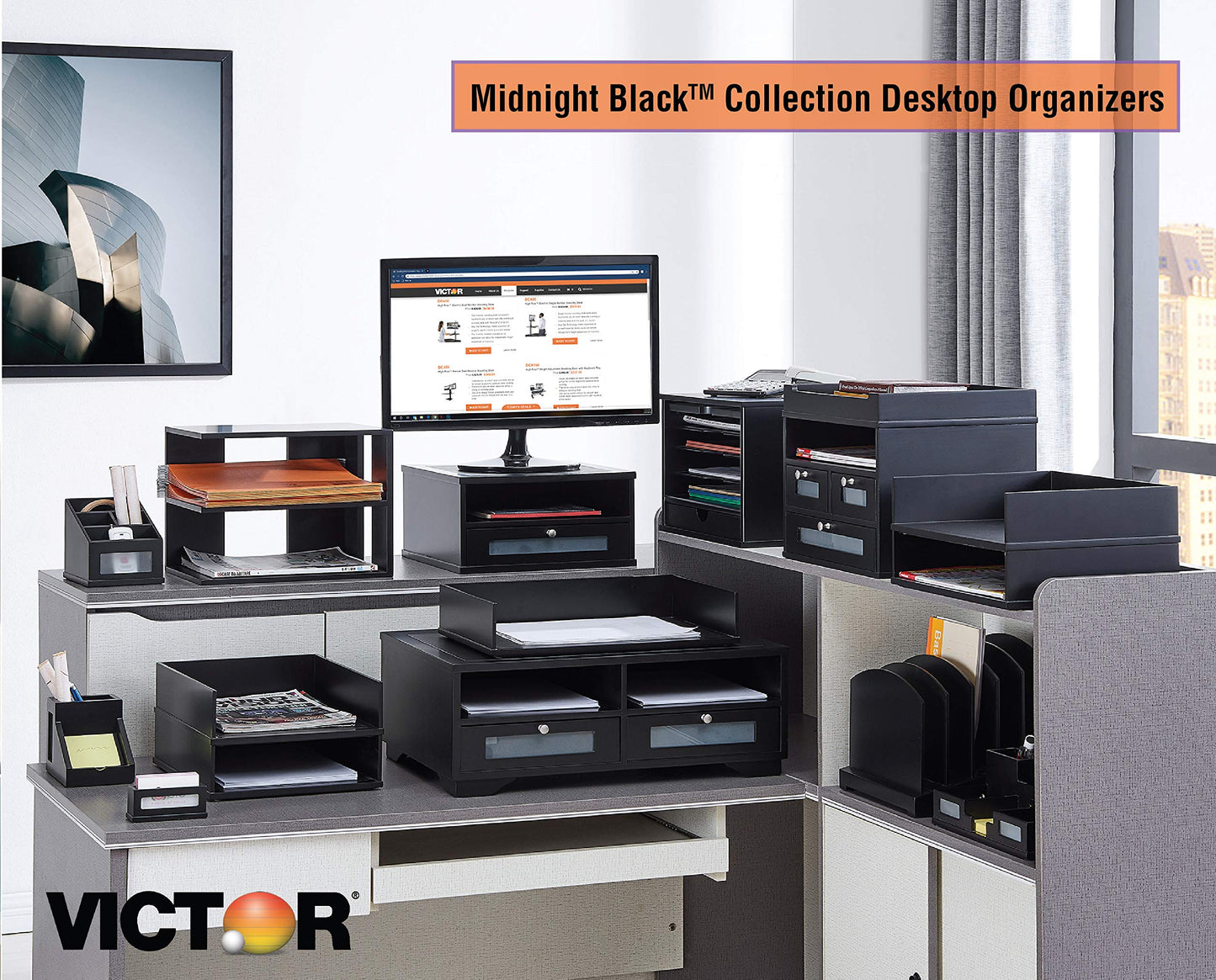 Victor Monitor Riser with Drawer and Storage Shelf - Wood Monitor Stand for Desk, Desk Organizer