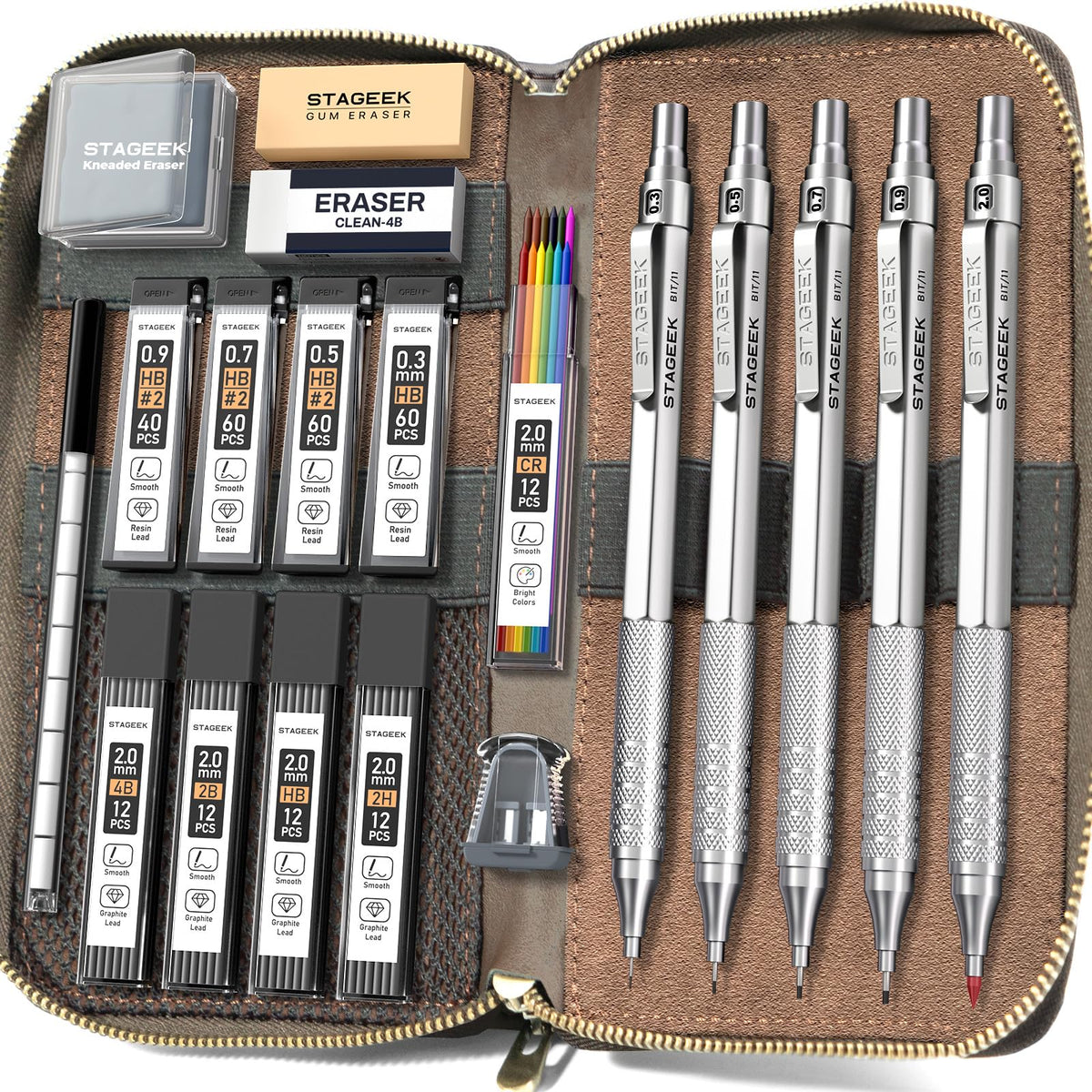 STAGEEK 20Pcs Silver Metal Mechanical Pencil Set with Leather Case