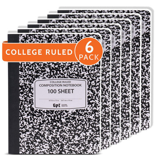 6 Pack - EPI College Ruled Composition Notebook Black - 200 Pages (100 Sheets), 9-3/4 x 7-½