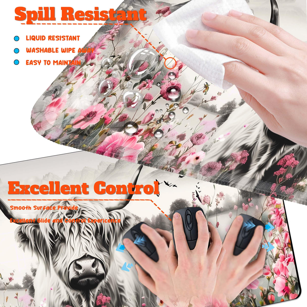 HaoSiTeck 4-Piece Extended Large Mouse Pad Set for Women Men with Highland Cow Design Includes 35.4
