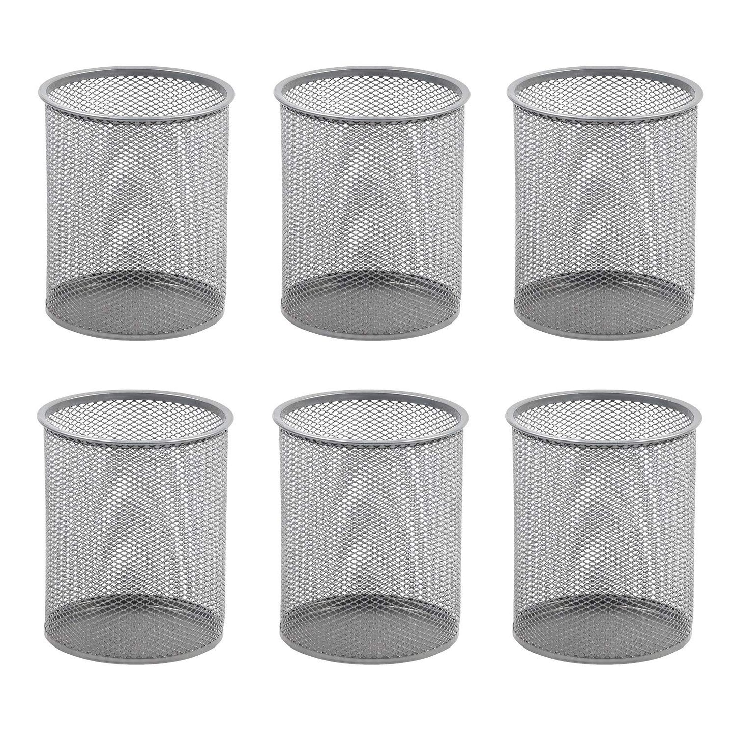 YBM HOME Office Round Desk Steel Mesh Pencil Cup Pen Holder Silver, 2210-6 Pack of 6