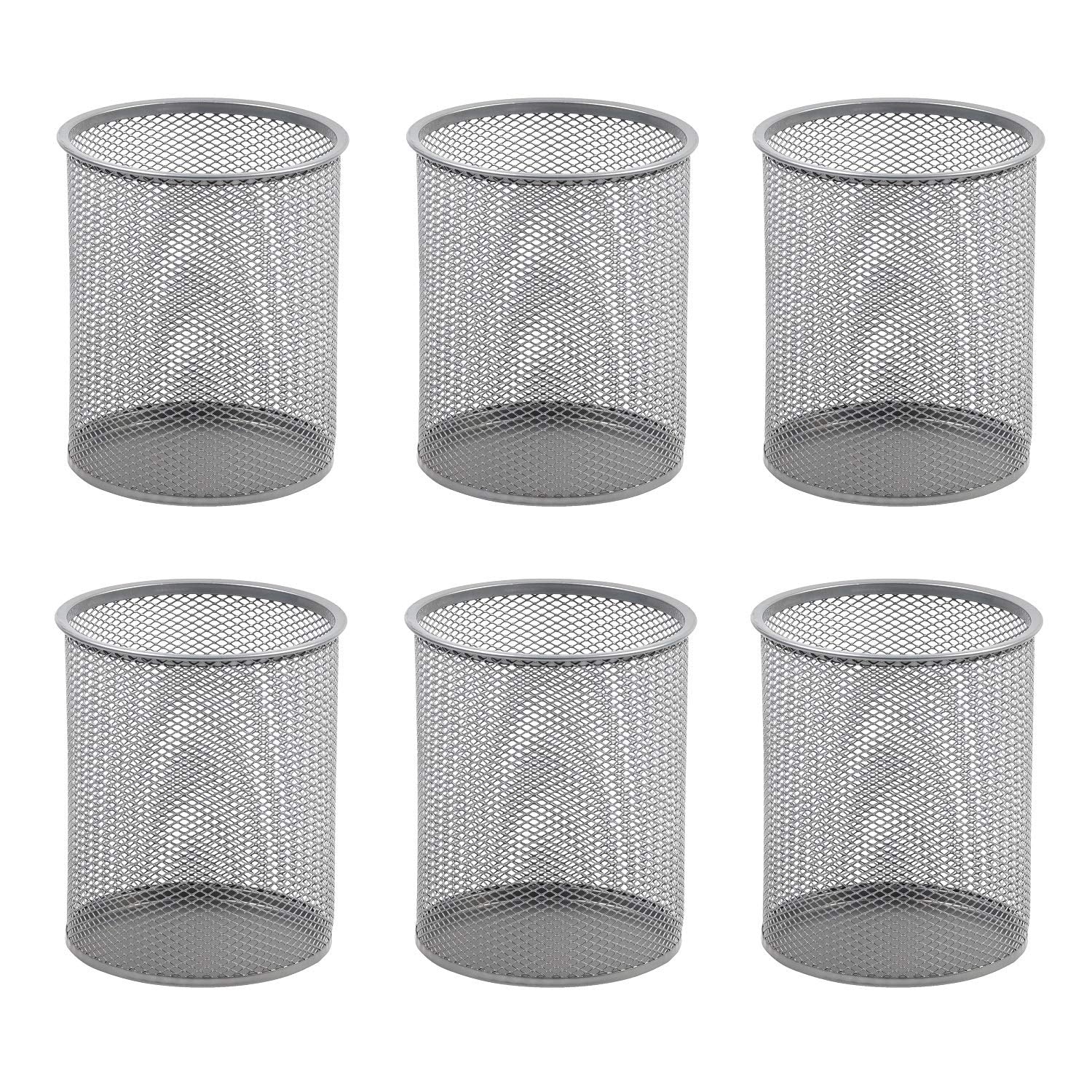 YBM HOME Office Round Desk Steel Mesh Pencil Cup Pen Holder Silver, 2210-6 Pack of 6