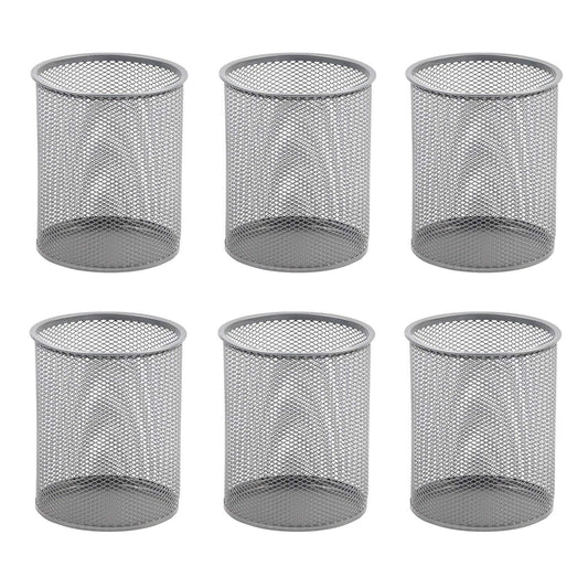 YBM HOME Office Round Desk Steel Mesh Pencil Cup Pen Holder Silver, 2210-6 Pack of 6