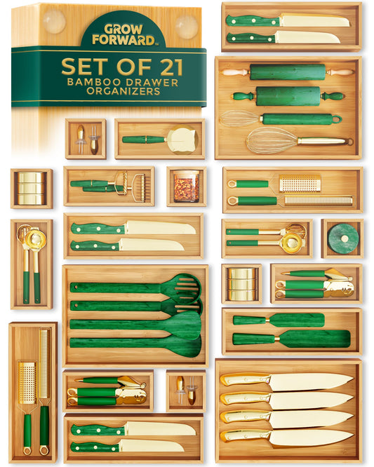 Grow Forward Bamboo Drawer Organizer Boxes - Set of 21 Wooden Drawer Organizers for Kitchen