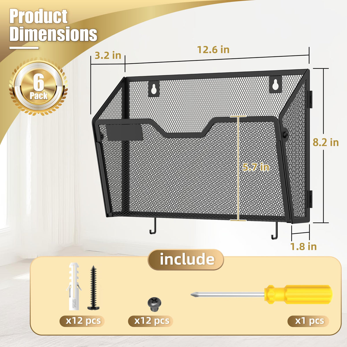 Docnest 6 Pack Mesh Wall File Holders with Hooks for Mail, Black