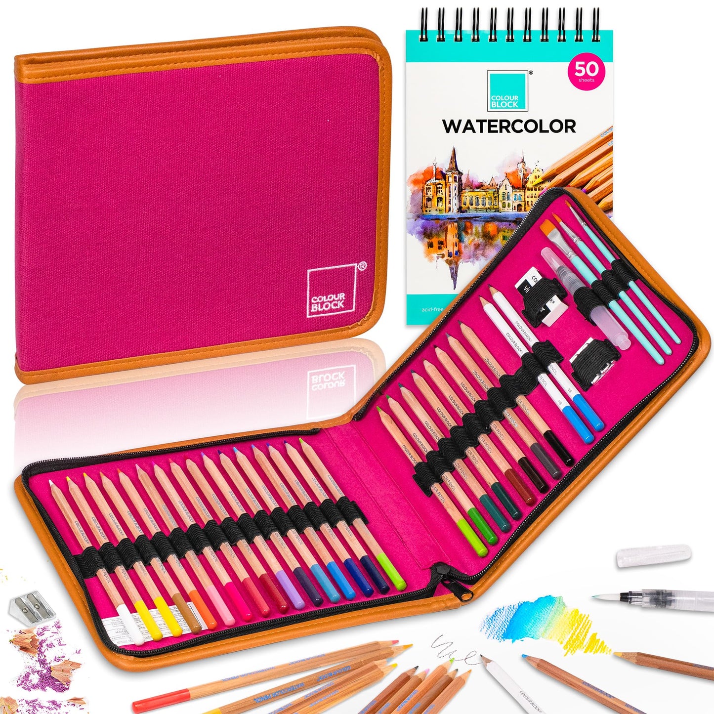 COLOUR BLOCK Watercolor Pencil Travel Art Set 34 PCS, Professional Drawing Kit, 50 Sheets Drawing