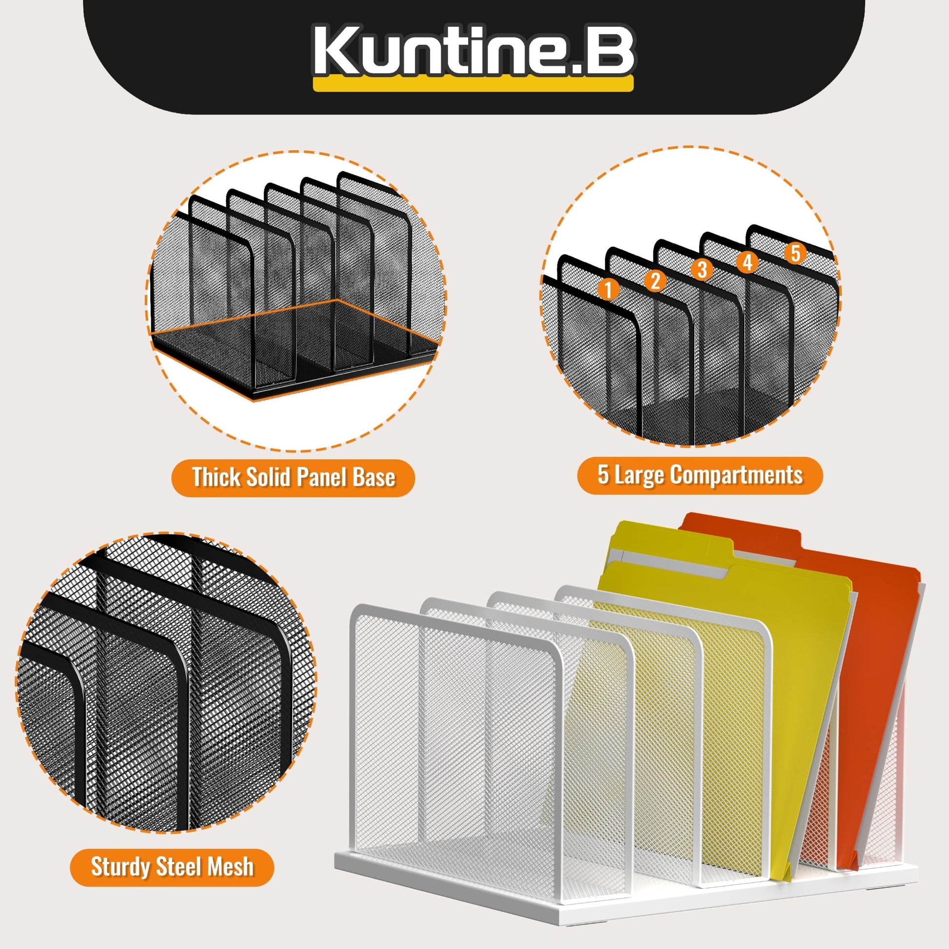 Kuntine.B 5-Section Upright Desk File Organizer White 1 Pack