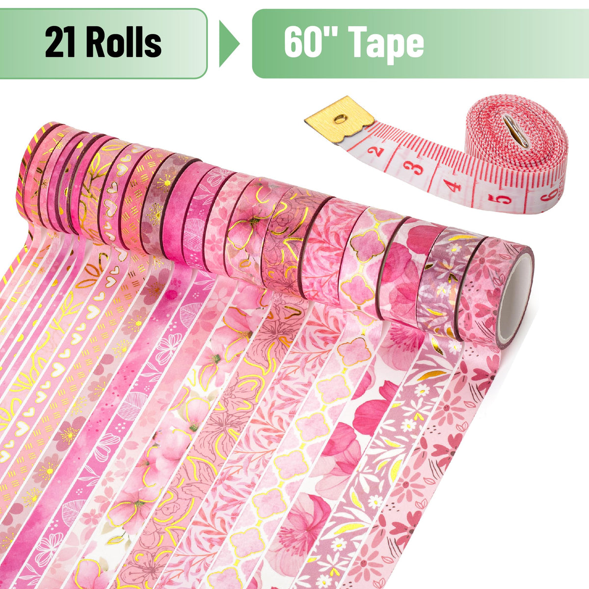 Mr. Pen- Washi Tape Set, 21 Rolls, Assorted Sizes, Floral Pink
