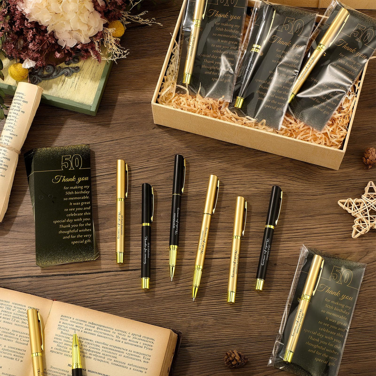 Feifeiya 50 Set 50th Birthday Party Favors with Black Gold Pens and Cards