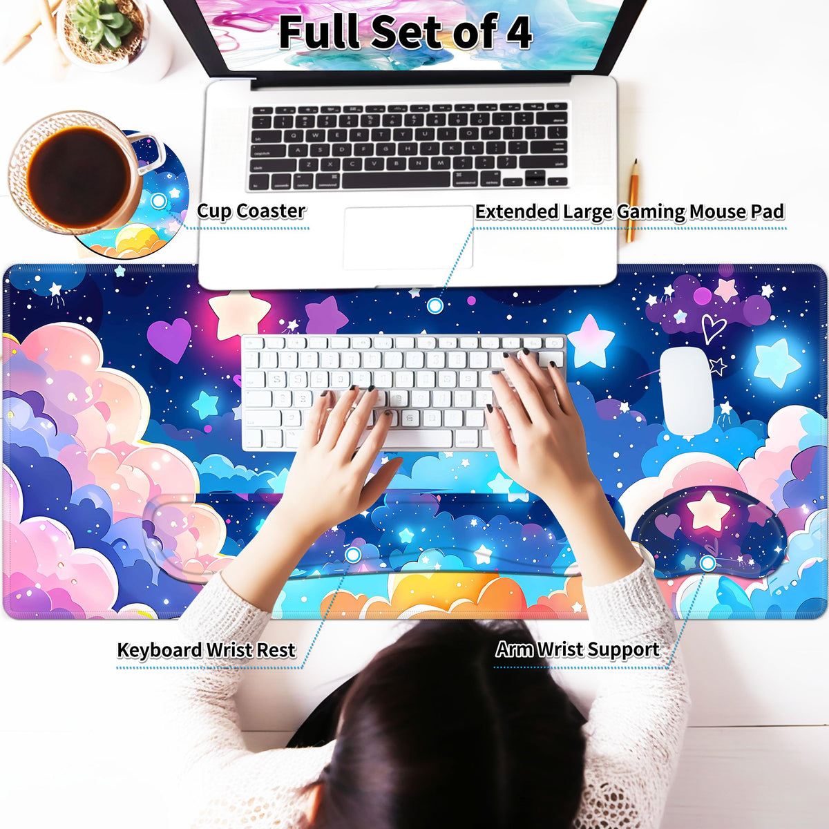 Large Mouse Pad Set 35.4 x 15.7 with Keyboard Wrist Rest, Wrist Support, and Coaster, Waterproof