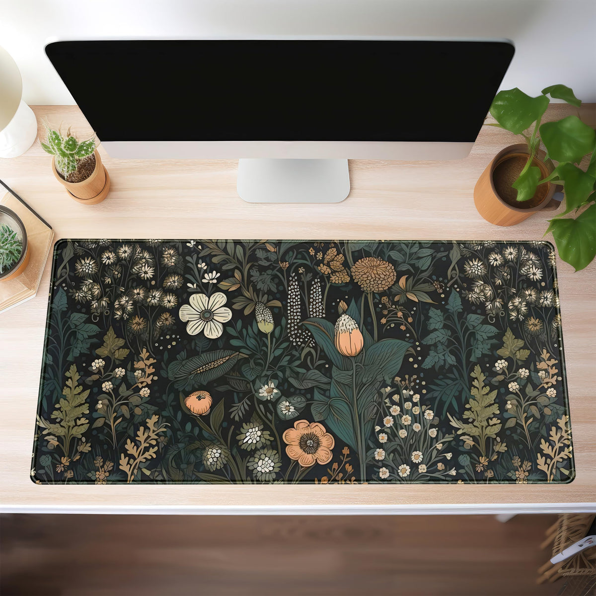 Dark Flower Desk Mat Floral Plants Mouse Pad, Aesthetic Wildflowers Large Gaming Mousepad Desk Pad