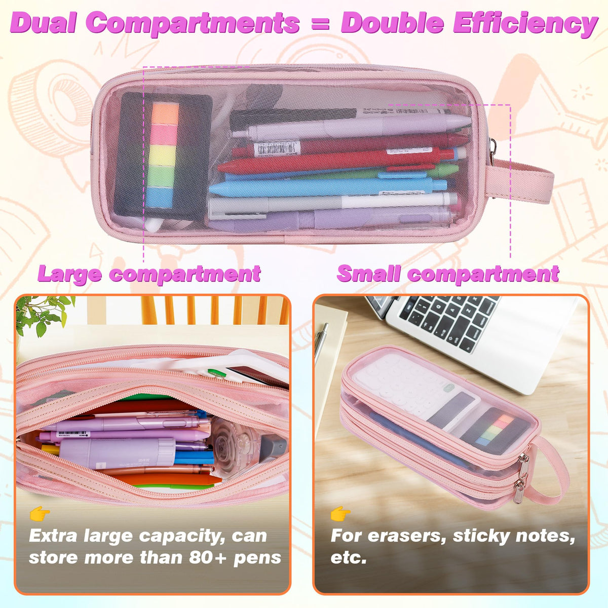 Hsmihair Large Grid Mesh Pencil Case, 2 Compartment Pen Pouch with Zipper, Clear Handheld